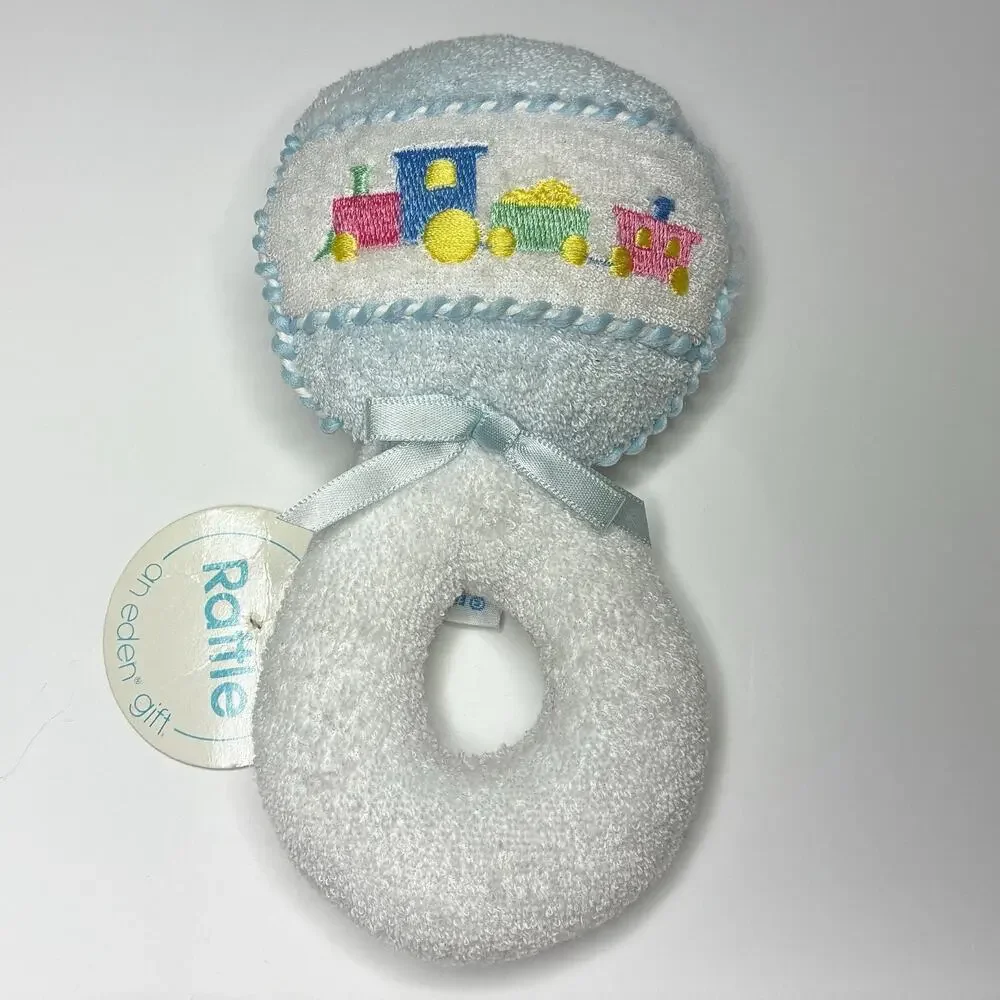 Vintage Eden Terry Cloth Rattle Plush White Pastel Train Baby Toy With Tags